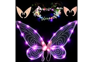 Tacobear Leuchtende Feenflügel Mädchen Damen Schmetterlingsflügel Elfenflügel Verkleiden mit Elfenohren Blumenkranz Halloween Kostüm Karneval Cosplay Geburtstag Fee Party (Rosa)
