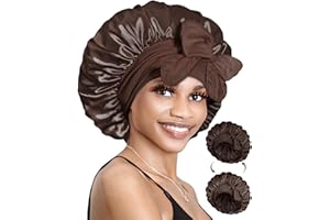 BONNET QUEEN Bonnet Satin Cheveux Nuit pour Dormir, Bonnet en Satin Double Couche Reversible pour Cheveux Charlotte Locks Bouclés, Ajustable avec Long Elastique pour Femmes et Hommes, Chocolat,Moyen