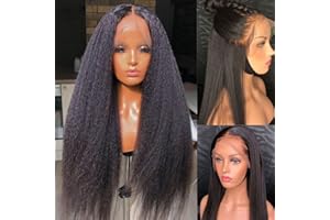 28 inch 13x4 Kinky Straight Lace Front Wigs 180% Density Human Hair MSGEM Yaki Straight Lace Frontal Wigs Brazilian Virgin Human Hair Pre Plucked with Baby Hair Natural Color