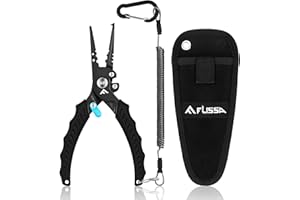FLISSA Multifunktionale Angelzange, Multi-Angelzange, mit Hakenlöser, Sicherheitsverriegelung, TPR-Griff, Edelstahlbacken, Sharfe Schneidklingen, mit Lanyard & Tragetasche, für Angeln