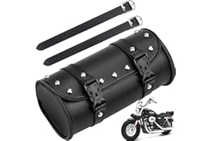Aieraczy Sacoches Cavalières pour Moto, Sacoche de Fourche de Moto, Universelle Étanche Imperméable Ronde Sac à Outils de Moto en Cuir PU avec 2 Sangles de Montage Sacoche de Selle Moto,Noir