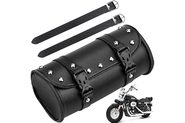 Aieraczy Sacoches Cavalières pour Moto, Sacoche de Fourche de Moto, Universelle Étanche Imperméable Ronde Sac à Outils de Moto en Cuir PU avec 2 Sangles de Montage Sacoche de Selle Moto,Noir