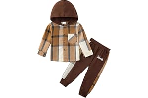 Naiyafly Toddler Boys Clothes Set Kids Long Sleeve Hoodie Plaid Sweatshirt Tops + Pants Outfit Set Children Hooded Button Down Shirts Bottom Tracksuit Boys School Playsuit