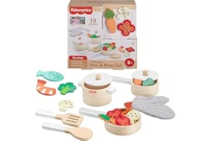 Fisher-Price-set med kastruller och stekpannor i trä, 19 delar i trä för barn från 3 år, HXT83