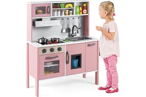 Maxmass Wooden Kids Play Kitchen, Toddler Role-play Cooking Playset with Ice Maker, Cookware Utensils, Cuttable Fruits, Range Hood, Children Pretend Kitchen for Boys Girls (Light Pink)