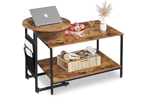 WLIVE 2-Piece Set C-Shaped Side Table with Storage and 2-Tier Coffee Table, Steel & Wood, Customizable Layout for Living Room, 48cm & 80cm Coffee Table, Rustic Brown