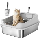 PawHut Stainless Steel Cat Litter Box XXL 60 x 50 x 29.7 cm Grey | Cat Litter Box, High Rim Litter, Metal Shovel, Easy to Cle