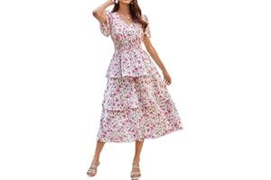 GRACE KARIN Women Floral A-Line Swing Casual Party Long Dresses V Neck Short Flutter Sleeve Smocked Tiered Dress