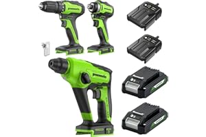 Greenworks Juego de 3 herramientas de batería de 24 V, compuesto por atornillador inalámbrico (35 Nm), atornillador de impacto inalámbrico (220 Nm), martillo perforador inalámbrico de 1,2 J, 2