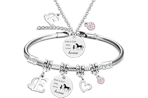 LOCCY Horse Bracelet for Girls, Horse Gifts for Girls, 26 Initial Letters Horse Pendant Necklace Jewellery, Silver Girls and Horse Necklace for Girls, Horsey Things for Girls Horse Lovers