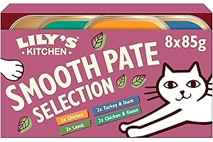 Lily's Kitchen Bandeja de alimento húmedo natural de tipo paté suave para gatos adultos: paquete variado de recetas sin cereales (32 x 85g Tarrinas)