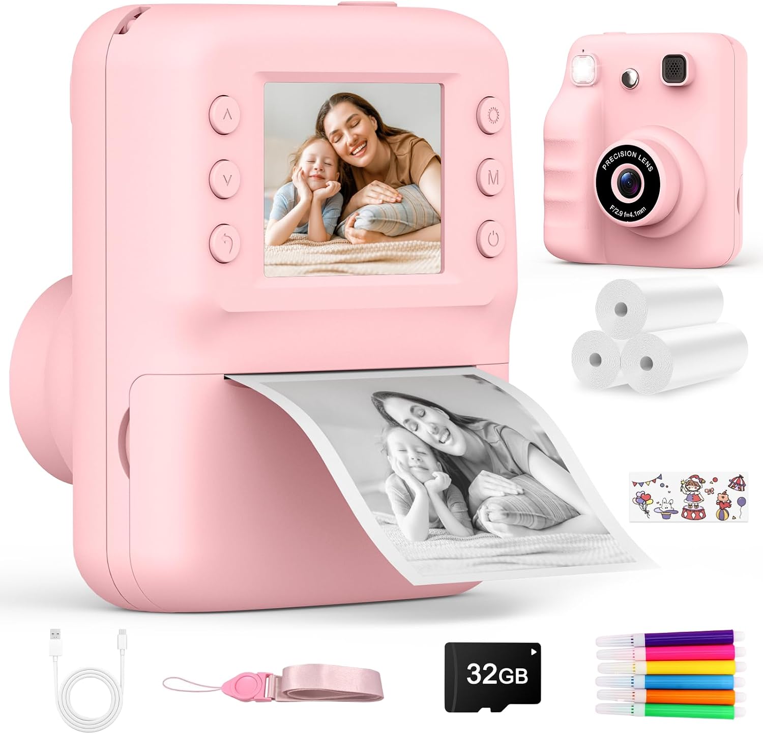 Appareil Photo Instantané Enfant - Cadeau pour Filles Garçons 3 à 12 Ans | Écran 2.4'' HD,Carte 32GB, Vidéo 1080P, Musiqu, Selfie & 5 Jeux, 3 Rouleaux de Papier d'impression, Cadeau Noël Anniversaire