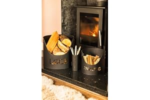 MARCO PAUL INTERIORS Marco Paul 3pc Log Basket, Kindling Wood Bucket, And Matchsticks Holder Set Heavy Duty Metal Fireplace Accessories Large Log Baskets For Wood Burner Indoor Small Kindling Bucket Large Matches Holder