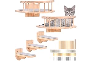 WUUDI Hamak ścienny dla kota z 2 półkami i kijem - mebel z 3 stopniami - z litego drewna pokryty pluszem, do wspinaczki, snu, zabawy