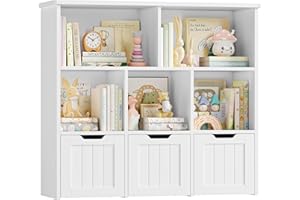 ‎FOREHILL FOREHILL Regał na zabawki dla dzieci, organizer na zabawki, regał na książki dla dzieci, 5 otwartych półek, 3 szuflady z kółkami, do pokoju dziecięcego, biały, 100x33x89.5cm