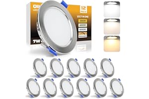 QINGMIAO LED Recessed Ceiling Lights, 7W Ultra Slim LED Downlights, Warm White 3000K Neutral White 4000K Cool White 6000K, IP44 Dimmable Spotlights for Bathroom Kitchen Living Room,Silver 12 Pack