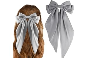 ZHONGSHUANG Grey Hair Clip - Solid Color Bow Hair Clip with Long Ribbon, Soft Satin Silky Bow - Cute Gifts for Women & Girls