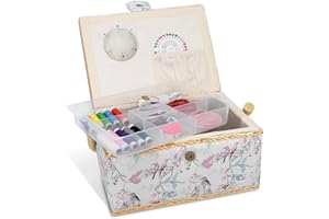 Navaris Sewing Box with Accessories - Sewing Basket with Organiser Tray Compartments 24.5 x 17.5 x 12.5 cm - Includes 76 Piece Kit - Bird Design