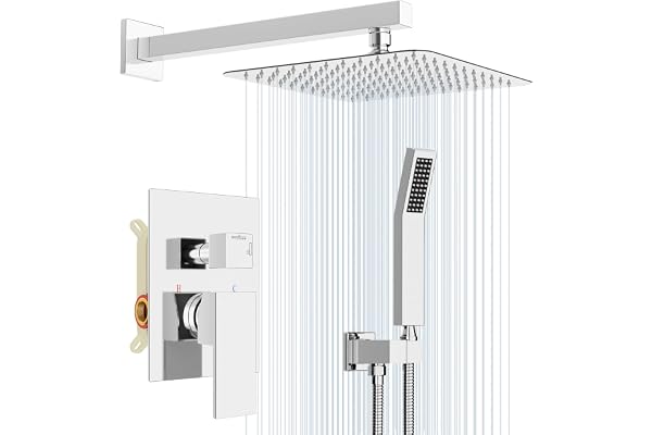 Rainsworth Système de Douche encastrable Chromé, Ensemble de Douche Encastré avec Tête de Douche Carrée 25 * 25cm, Set de Douche avec Pommeau de Douche, Mitigeur Douche Corps en Laiton