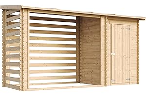 TIMBELA M205 Casetta da Giardino in Legno per Esterni con legnaia- A199x344x130 cm - 2,54 m2+1,1 m2 - Piccola Casetta in Legno, Rimessa Attrezzi, Deposito Bici