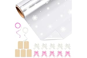 HURUC Snowflakes Cellophane Wrap for Hampers 40cmx30m with Large 10 Pull Bows 2 Ribbons & 5 Gift Tags, Florist Cellophane Wrap Rolls to pack Gifts Chocolate Flowers for Birthday, Anniversary, Wedding