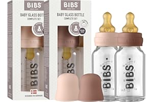 BIBS Baby Glass Bottle 110ml, 2er Pack, Vermindert Koliken, Runder Sauger aus Naturkautschuklatex, Unterstützt das Stillen, Complete Set - 110 ml (Pack of 2), Blush/Woodchuck