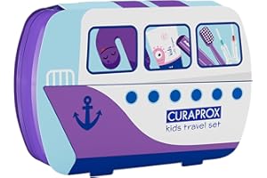 Curaprox Set de Viaje Kids-Cepillo de Dientes, Pasta de Dientes y Cepillos Interdentales | Filamentos Curen ® Ultrasuaves | Set de viaje Compacto para Niños (Morado) | Fabricado en Suiza
