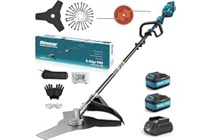 RINOXAR 12000RPM Decespugliatore a Batteria, Tagliabordi a Batteria con 2x 18V/5200mAh Batterie e 3 Tipi Lame, Motore Anteriore Senza Spazzole, Diametro di Taglio di 26 cm- E-Edge PRO