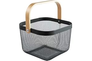 HOJKMA Cesto portaoggetti in acciaio con manico in legno, multifunzionale in filo metallico, ideale per cucina, bagno, dispensa, armadietto, shopping, colore nero