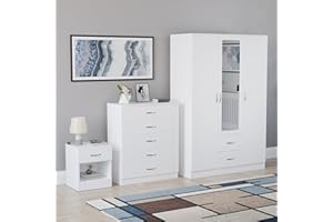 Vida Designs Riano 3 Piece Bedroom Set - 1 Drawer Bedside Chest, 5 Drawer Chest, 3 Door 2 Drawer Mirrored Wardrobe - White