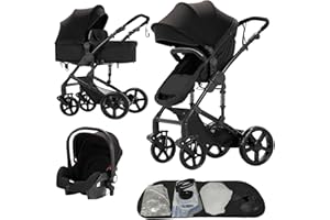 Nine point nine Poussette 3 en 1, Poussette Bebe avec Double Modes de Poussée Réversibles, Poussette Canne avec Grande Nacelle Confortable, Pousette avec Cadre Aluminium Haute Paysage (588 Black)
