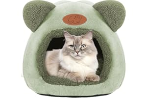 TUAKIMCE Cat Bed for Indoor Cats, Cat Cave Kitten Bed Igloo, Kitten Tent House with Removable Washable Pillow Cushion, Warming Fluffy, Foldable Portable Pet Bed Ideal for Cats and Puppy (Green)