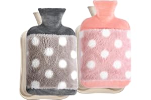 Bizcasa Worek na gorącą wodę x 2, 2 l, odporny na wyciek ciepłej wody na dłonie, ciepłe stopy i łagodzenie bólu, termofor z wyjmowaną poszewką, którą można prać (YD - szary+różowy)