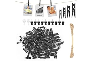 HAVACUE ㅤ HavaCue Lot de 140 Mini Pinces à Linge en Bois Noir 2.5/3/3.5/4.5CM pour Mariage, Photo Polaroid avec 10M Corde de Jute DIY
