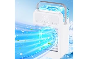 JERVAMNI Mobiles Klimagerät Mini Klimaanlage Mobil Luftkühler Leise Ventilator mit Wasserkühlung - Natural Wind & 2 Nebelwind Modi, 5 Geschwindigkeiten, 1-8H Timer, Bunte Lichter, 90° Oszillation Funktion