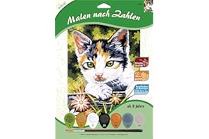 MAMMUT SPIEL & GESCHENK MAMMUT 105018 - malowanie według liczb, motyw zwierzęcy, kota, kompletny zestaw z zadrukowanym szablonem do malowania w formacie A4, 7 farb akrylowych i pędzel, zestaw do malowania dla dzieci od 8 lat