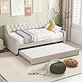 COSTWAY Linen Upholstered Daybed with Trundle, Single Sofa Bed Frame with Button-Tufted Backrest and Wooden Slats Support, 2-in-1 Platform Day Bed for Bedroom Living Room (Beige)