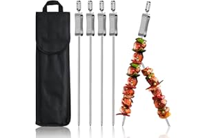 ESIE HOUZIE Stainless Steel Kebab Skewers Set of 6 - 40cm Flat With Sliders for Vegetable, Meat, Chicken - Reusable Grilling Accessories With Storage Bag