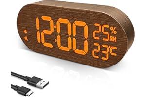 hinrey Reveil Numerique - LED Horloge Numérique avec Double Alarme/Fonction Snooze/7 Niveaux Luminosité/5 Niveaux Volume - Réveil Matin Alimenté par USB pour Salon/Chambre/Bureau (Bois Marron)