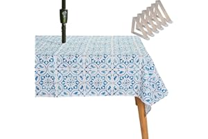 SYLC Nappe avec Trou pour Parasol, Nappe De Table étanche, Nappe D'Extérieur avec Fermeture éclair pour La Soirée De Jardin Et Barbecue (213 × 153 cm,Grille Bleue)
