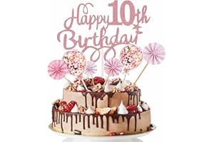10.Geburtstag Tortendeko Probuk 7PCS Wiederverwendbar Glitzer Roségold Cake Topper Kuchendeko mit Papierfächer&Konfetti Luftballons,Partydekoration für Geburtstags/Hauspartys/Weihnachtsfeiern