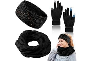 VICTERR Knitted Scarf, Headband and Gloves Set for Women - 3 in 1 Ear Warmer, Touch Screen Gloves for Winter Shopping, Skiing, Running