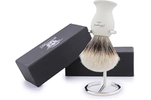 Haryali London Shaving Kit - 2 Pc Shaving Kit - Silvertip Badger Shaving Brush - Stainless Steel Shaving Stand - Elegant Design Shaving Brush with Shaving Stand - Ivory Color Shaving Set