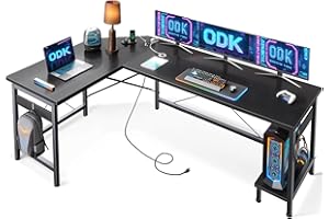 ODK Stolik gamingowy z gniazdami wtykowymi i przyłączem ładowania USB, biurko gamingowe ze stojakiem na procesor, narożne biurko w kształcie litery L, do domowego biura, czarny, 168 x 120 cm