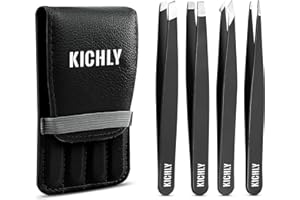 KICHLY Pince à épiler professionnelle en acier inoxydable pour les sourcils - Jeu de 4 pinces de précision pour l'élimination des poils incarnés, des poils du visage, des points noirs (Noir)