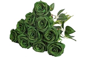 Nubry Artificial Silk Rose Flower Single Stem Lifelike Fake Rose for Wedding Bouquet Floral Arrangements Home Party Centerpiece Decoration, 10pcs (Dark Green)