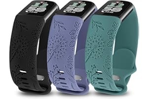 TOYOUTHS 3 Stück Löwenzahn Floral Gravierte Armband Kompatibel mit Fitbit Charge 6/Charge 5 Armband Damen, Blume Cute Weich Silikon Sport Armbänder für Charge 6, Schwarz/Blau/Grün