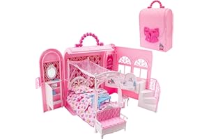 deAO Przenośne pudełko 2 w 1 i pokój dla lalek Princess Deluxe z meblami (lalka nie jest dołączona)