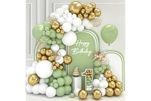 FAIRYMAIDEN Green Balloons Arch Kit - 102pcs Sage Green Balloons Garland Kit with Gold Balloons, White Balloons, Safari Balloons for Birthday Decorations, Holy Communion Decorations, Baby Shower, Jungle Party