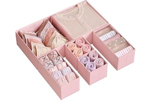 SONGMICS Drawer Organisers, Dresser Dividers, Set of 6, Foldable Fabric Storage Boxes for Socks, Underwear, Bras, Ties, Scarves, Jelly Pink RDZ06PK